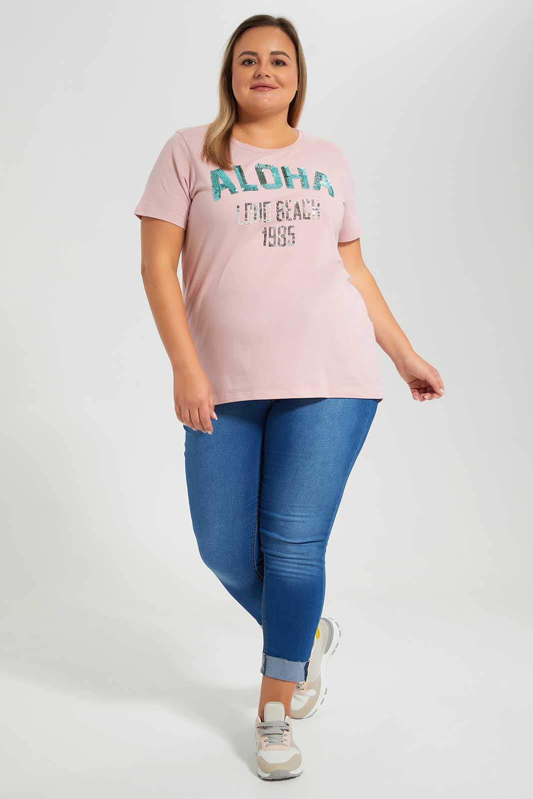 Redtag-Pink-With-Sequines-Category:T-Shirts,-Colour:Apricot,-Deals:New-In,-Filter:Plus-Size,-LDP-T-Shirts,-New-In-LDP-APL,-Non-Sale,-Section:Women,-W22O-Women's-
