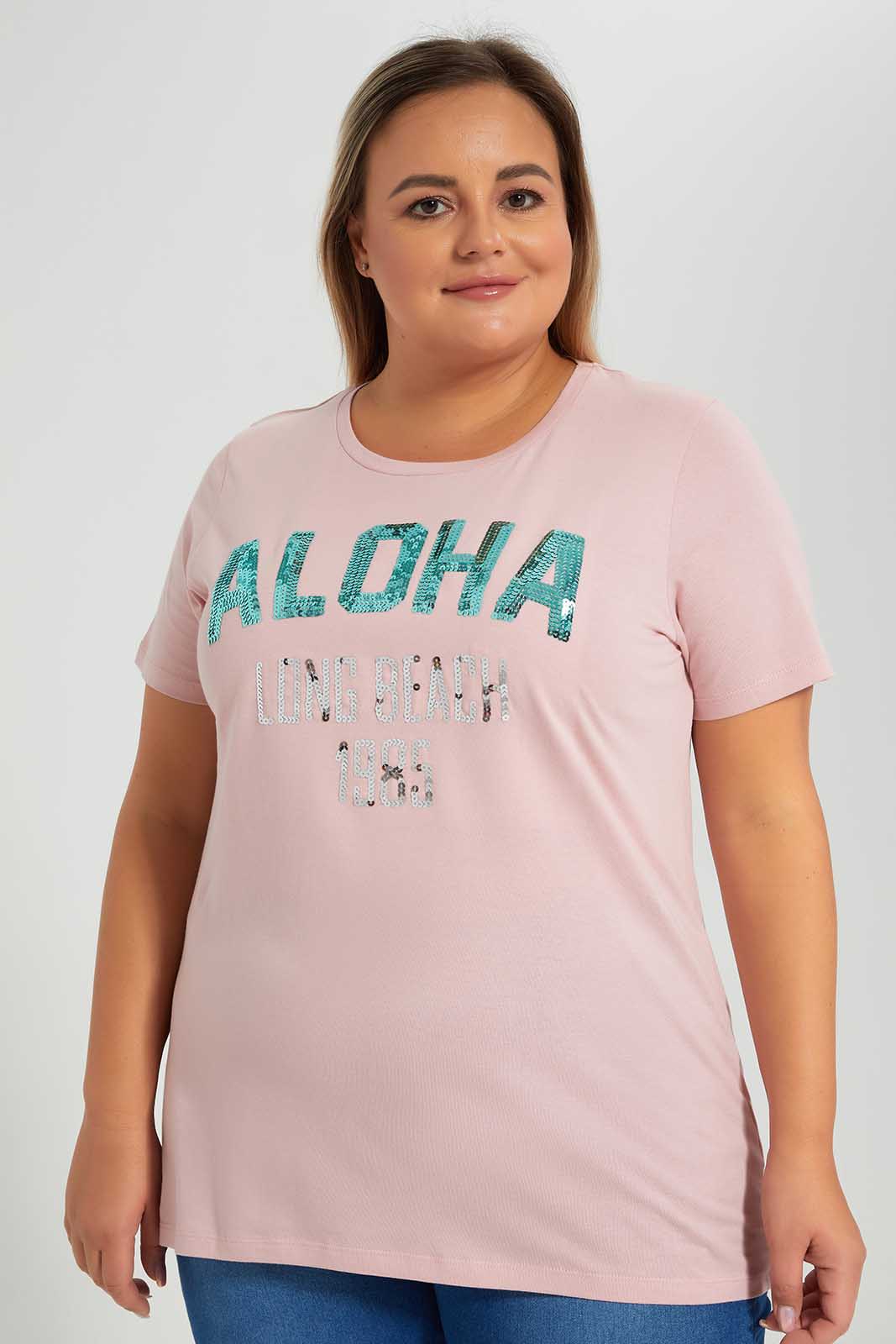 Redtag-Pink-With-Sequines-Category:T-Shirts,-Colour:Apricot,-Deals:New-In,-Filter:Plus-Size,-LDP-T-Shirts,-New-In-LDP-APL,-Non-Sale,-Section:Women,-W22O-Women's-
