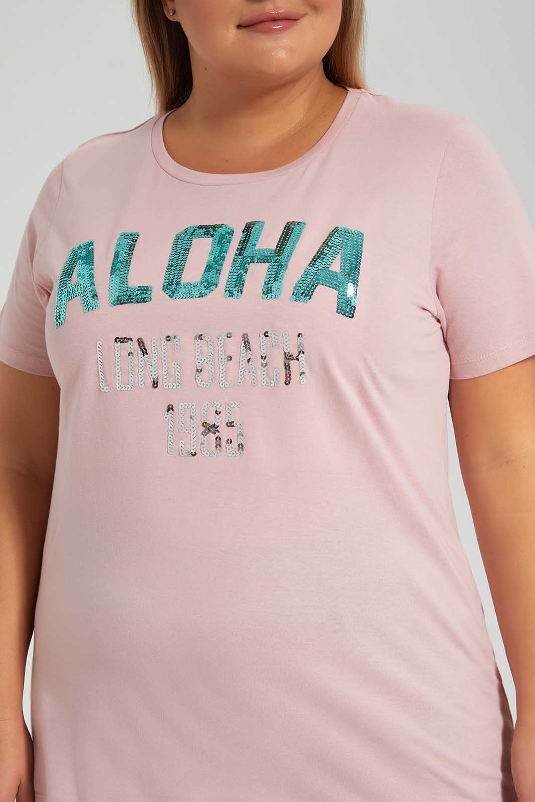 Redtag-Pink-With-Sequines-Category:T-Shirts,-Colour:Apricot,-Deals:New-In,-Filter:Plus-Size,-LDP-T-Shirts,-New-In-LDP-APL,-Non-Sale,-Section:Women,-W22O-Women's-
