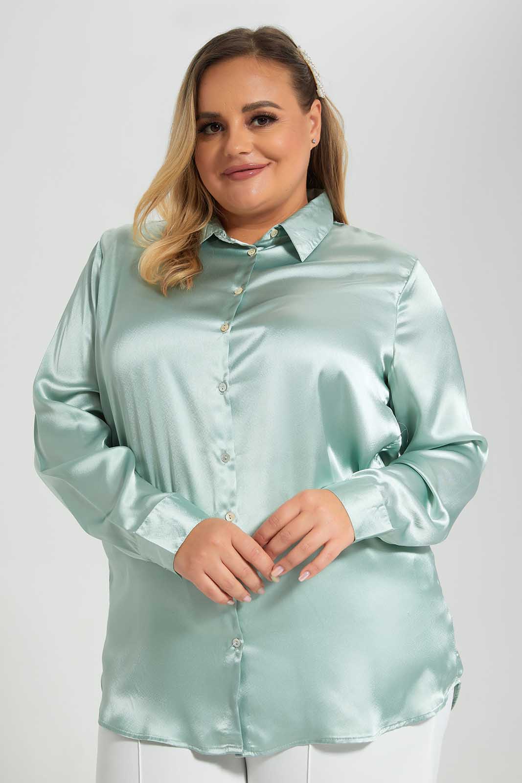 Redtag-Mint-Plain-Satin-Shirt-Category:Blouses,-Colour:Mint,-Deals:New-In,-Filter:Plus-Size,-LDP-Blouses,-New-In-LDP-APL,-Non-Sale,-Section:Women,-W22O-Women's-