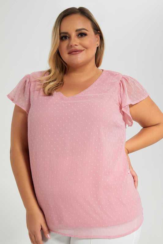 Redtag-Pink-Chiffon-Dobby-Top-With-Lining-Category:Blouses,-Colour:Apricot,-Deals:New-In,-Filter:Plus-Size,-LDP-Blouses,-New-In-LDP-APL,-Non-Sale,-Section:Women,-W22O-Women's-