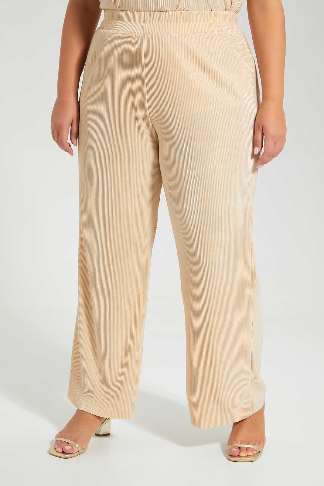Women Curvy Beige Plain Trouser