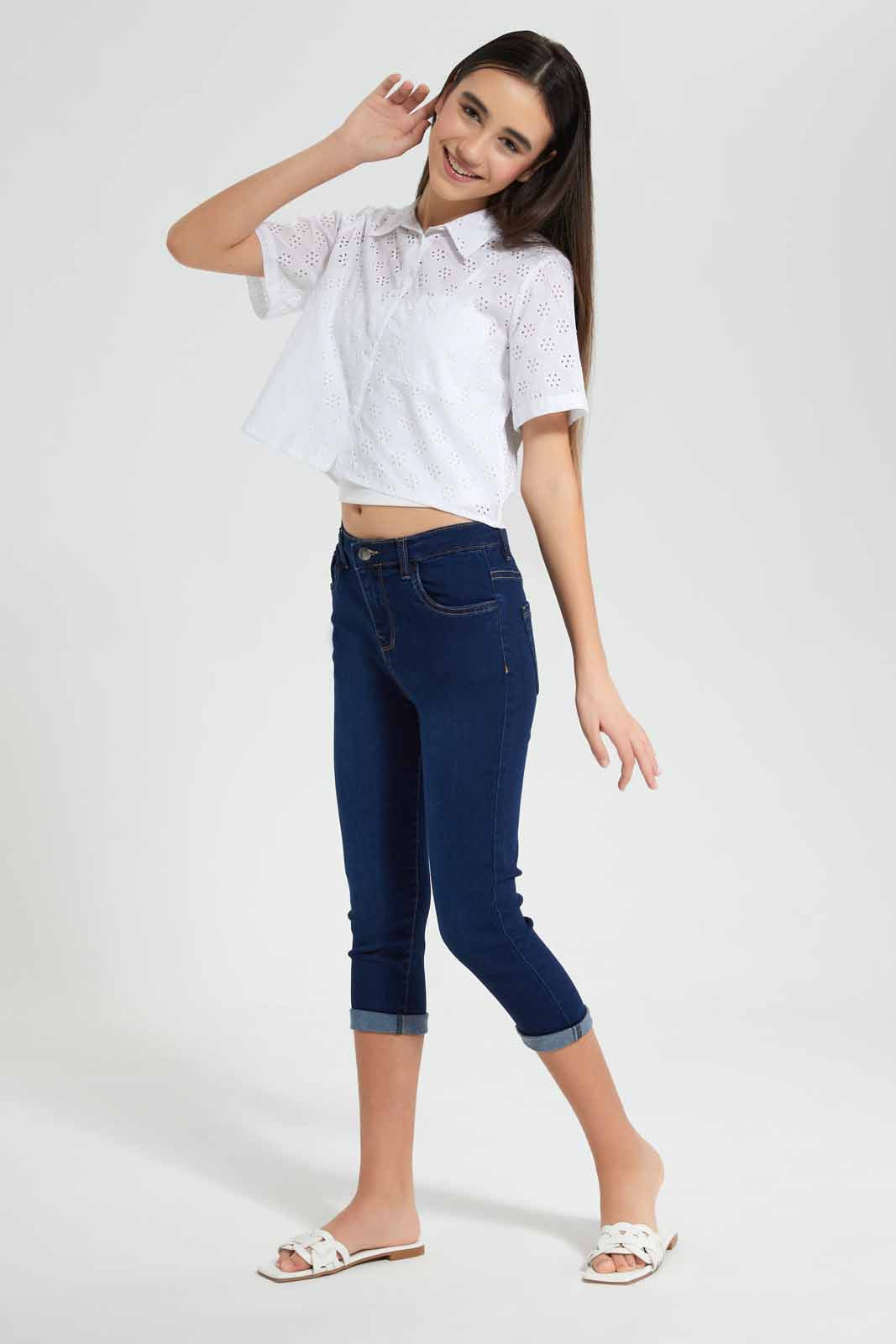 Redtag-Dk-Wash-Capri-Jegging-Category:Jeggings,-Colour:Dark-Wash,-Deals:New-In,-Filter:Senior-Girls-(9-to-14-Yrs),-GSR-Jeggings,-New-In-GSR-APL,-Non-Sale,-Section:Girls-(0-to-14Yrs),-W22O-Senior-Girls-9 to 14 Years