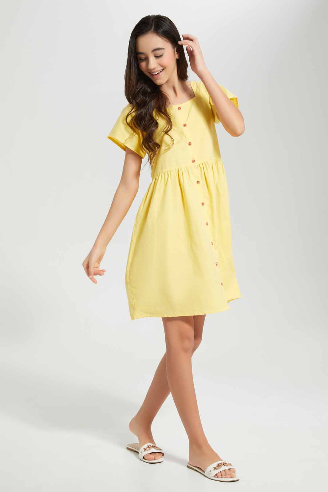 Redtag-Yellow-Button-Front-Linen-Dress-Category:Dresses,-Colour:Yellow,-Deals:New-In,-Filter:Senior-Girls-(9-to-14-Yrs),-GSR-Dresses,-New-In-GSR-APL,-Non-Sale,-Section:Girls-(0-to-14Yrs),-W22O-Senior-Girls-9 to 14 Years