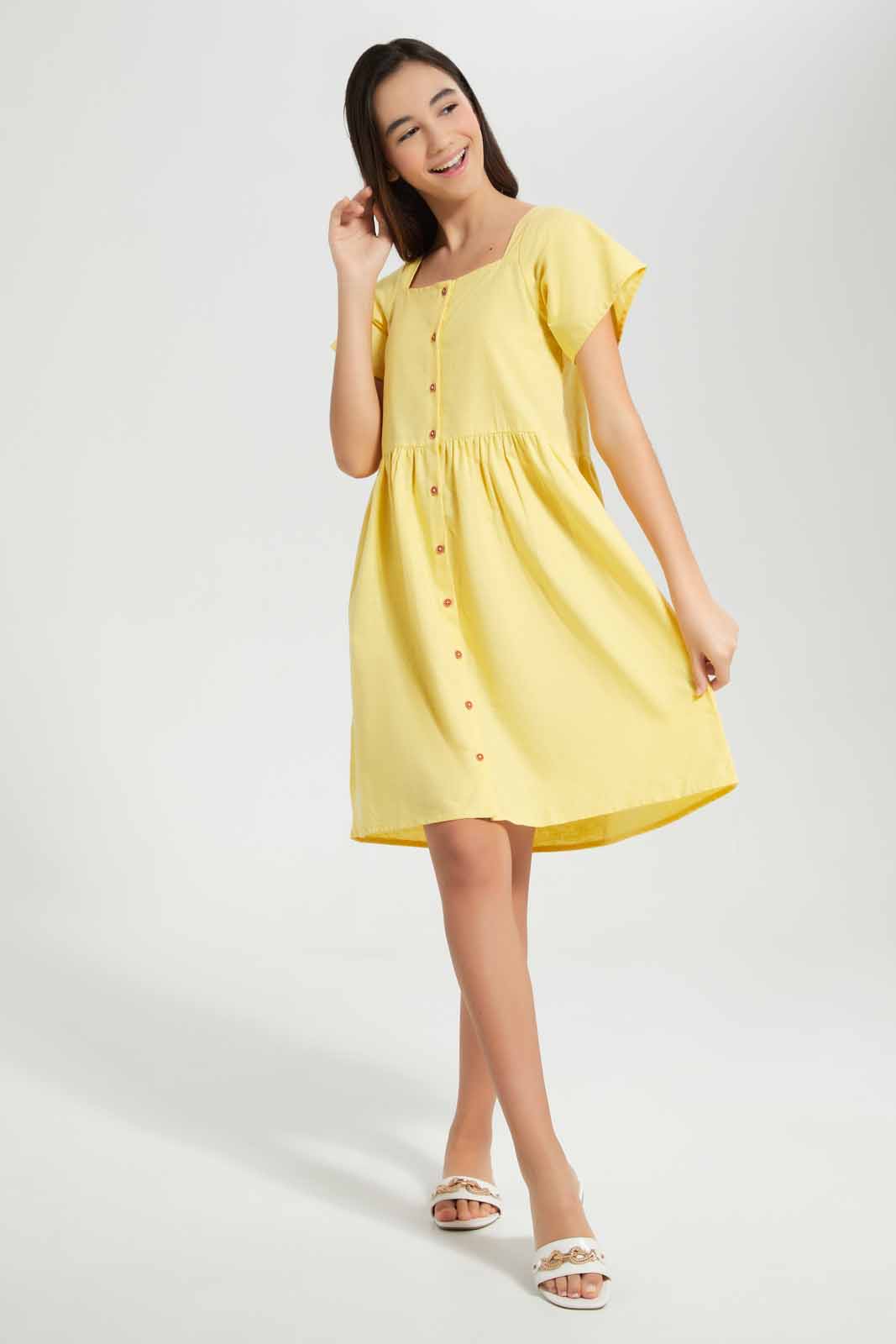 Redtag-Yellow-Button-Front-Linen-Dress-Category:Dresses,-Colour:Yellow,-Deals:New-In,-Filter:Senior-Girls-(9-to-14-Yrs),-GSR-Dresses,-New-In-GSR-APL,-Non-Sale,-Section:Girls-(0-to-14Yrs),-W22O-Senior-Girls-9 to 14 Years
