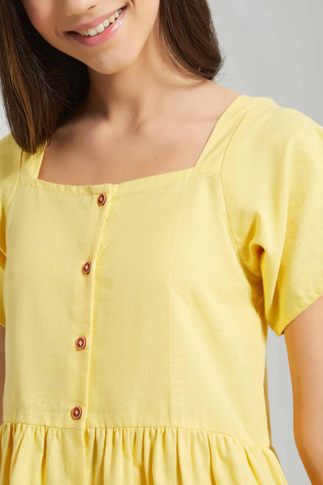 Redtag-Yellow-Button-Front-Linen-Dress-Category:Dresses,-Colour:Yellow,-Deals:New-In,-Filter:Senior-Girls-(9-to-14-Yrs),-GSR-Dresses,-New-In-GSR-APL,-Non-Sale,-Section:Girls-(0-to-14Yrs),-W22O-Senior-Girls-9 to 14 Years