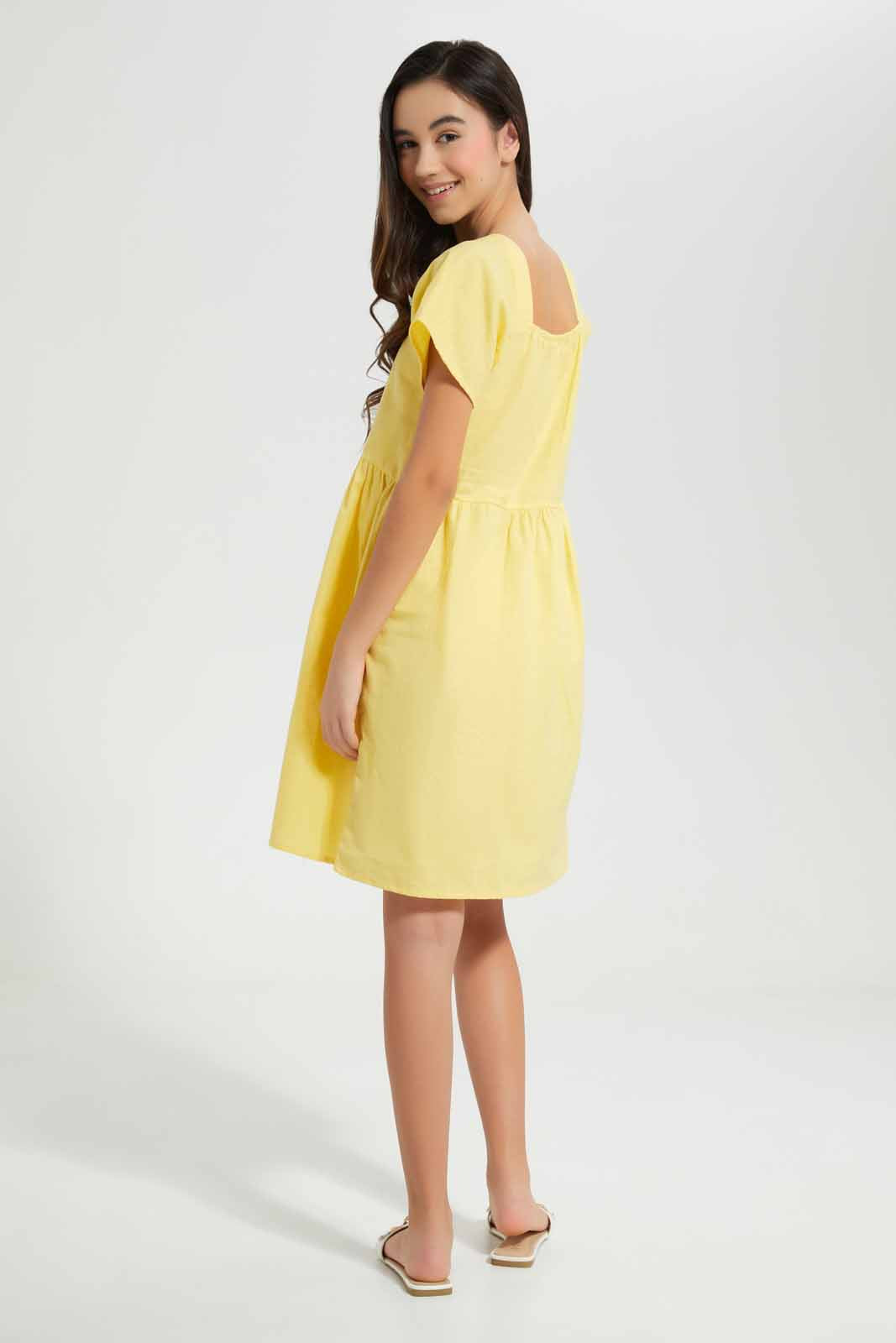 Redtag-Yellow-Button-Front-Linen-Dress-Category:Dresses,-Colour:Yellow,-Deals:New-In,-Filter:Senior-Girls-(9-to-14-Yrs),-GSR-Dresses,-New-In-GSR-APL,-Non-Sale,-Section:Girls-(0-to-14Yrs),-W22O-Senior-Girls-9 to 14 Years