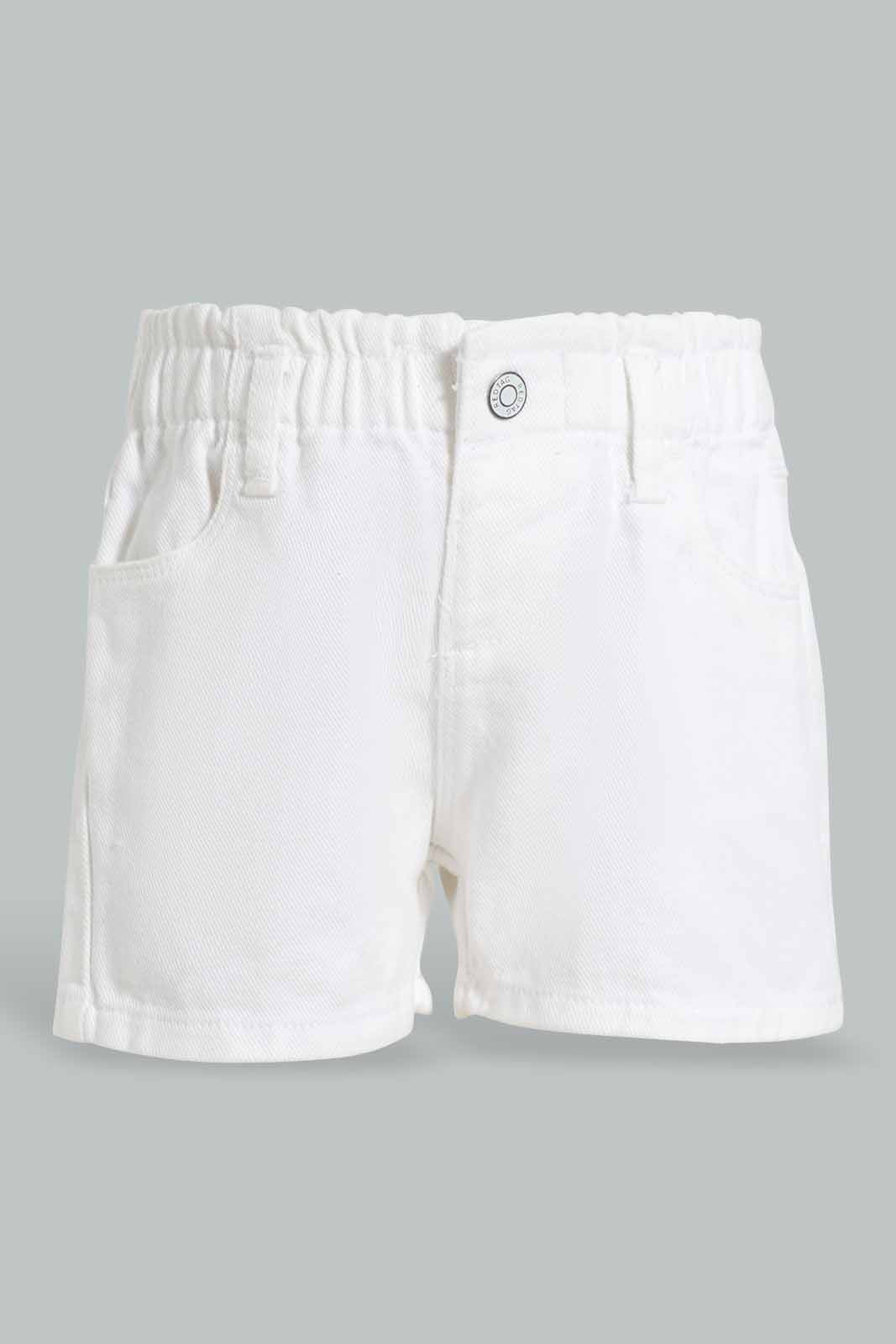 Redtag-White-Denim-Short-Category:Shorts,-Colour:White,-Deals:New-In,-Filter:Infant-Girls-(3-to-24-Mths),-ING-Shorts,-New-In-ING-APL,-Non-Sale,-Section:Girls-(0-to-14Yrs),-W22O-Infant-Girls-3 to 24 Months