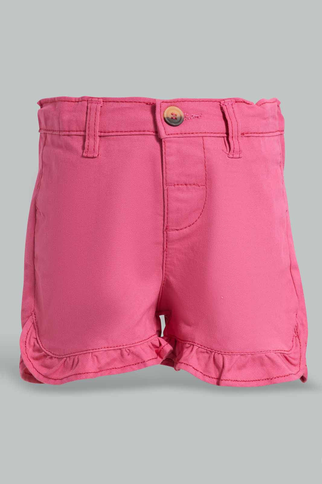Redtag-Fuchsia-Frilled-Twill-Short-Category:Shorts,-Colour:Fuchsia,-Deals:New-In,-Filter:Infant-Girls-(3-to-24-Mths),-ING-Shorts,-New-In-ING-APL,-Non-Sale,-Section:Girls-(0-to-14Yrs),-W22O-Infant-Girls-3 to 24 Months