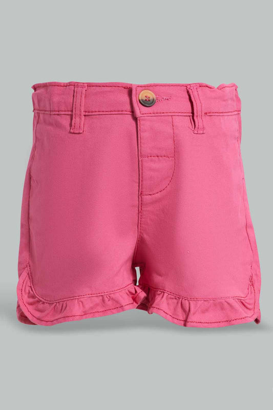 Redtag-Fuchsia-Frilled-Twill-Short-Category:Shorts,-Colour:Fuchsia,-Deals:New-In,-Filter:Infant-Girls-(3-to-24-Mths),-ING-Shorts,-New-In-ING-APL,-Non-Sale,-Section:Girls-(0-to-14Yrs),-W22O-Infant-Girls-3 to 24 Months