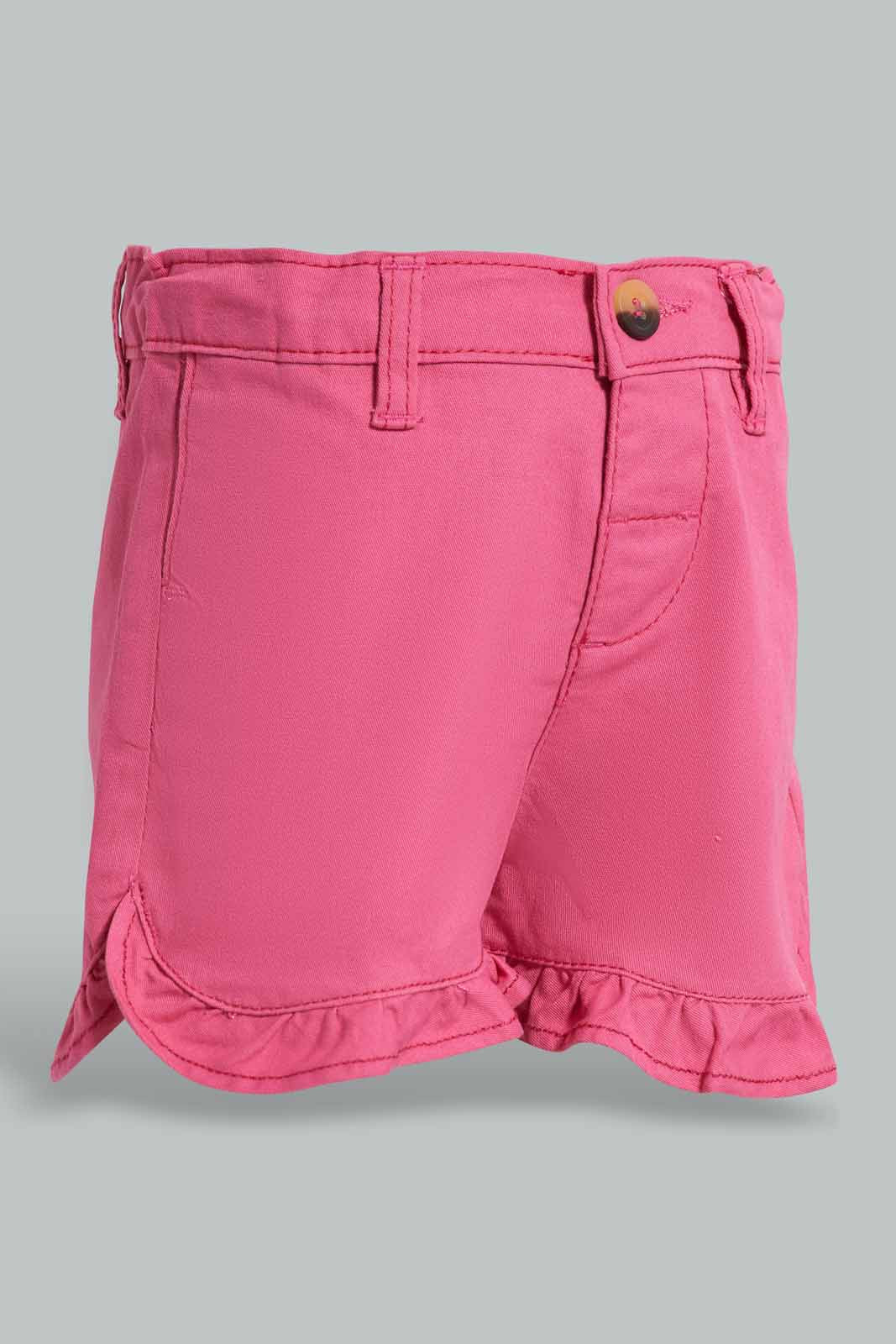 Redtag-Fuchsia-Frilled-Twill-Short-Category:Shorts,-Colour:Fuchsia,-Deals:New-In,-Filter:Infant-Girls-(3-to-24-Mths),-ING-Shorts,-New-In-ING-APL,-Non-Sale,-Section:Girls-(0-to-14Yrs),-W22O-Infant-Girls-3 to 24 Months