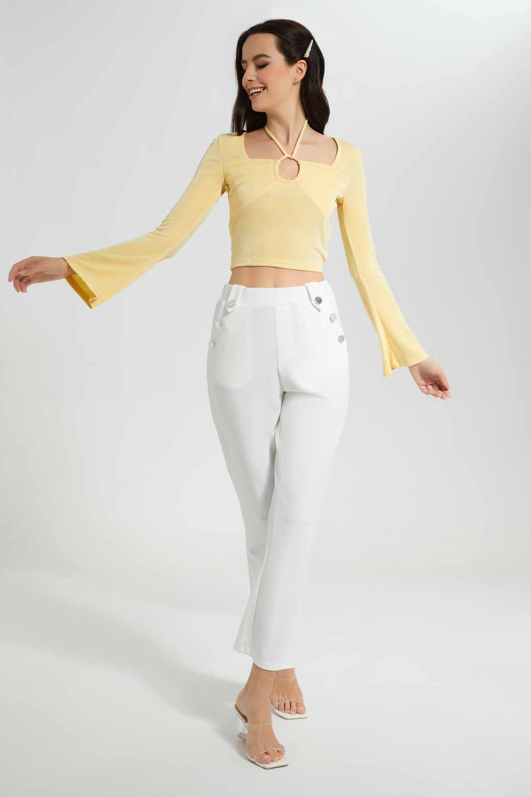 Redtag-Yellow-Front-Ruching-Keyhole-Neck-Category:Tops,-Colour:Yellow,-Deals:New-In,-FF,-Filter:Women's-Clothing,-New-In-Women-APL,-Non-Sale,-Section:Women,-W22O,-Women-Tops-Women's-