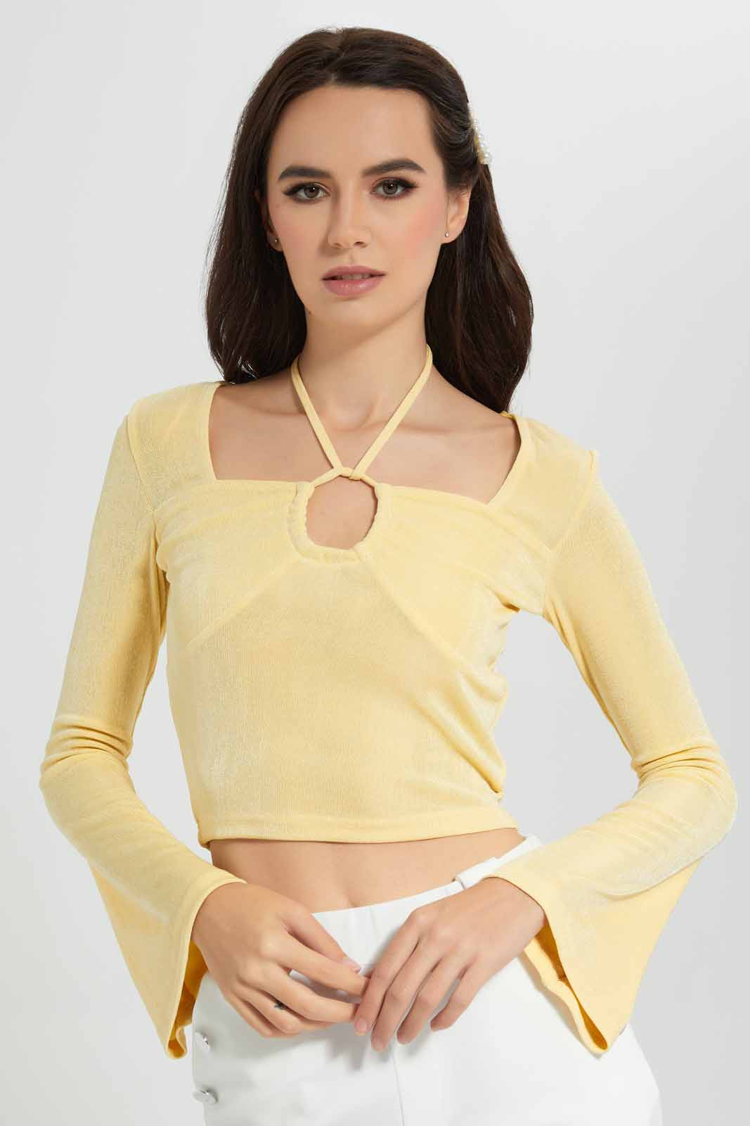 Redtag-Yellow-Front-Ruching-Keyhole-Neck-Category:Tops,-Colour:Yellow,-Deals:New-In,-FF,-Filter:Women's-Clothing,-New-In-Women-APL,-Non-Sale,-Section:Women,-W22O,-Women-Tops-Women's-