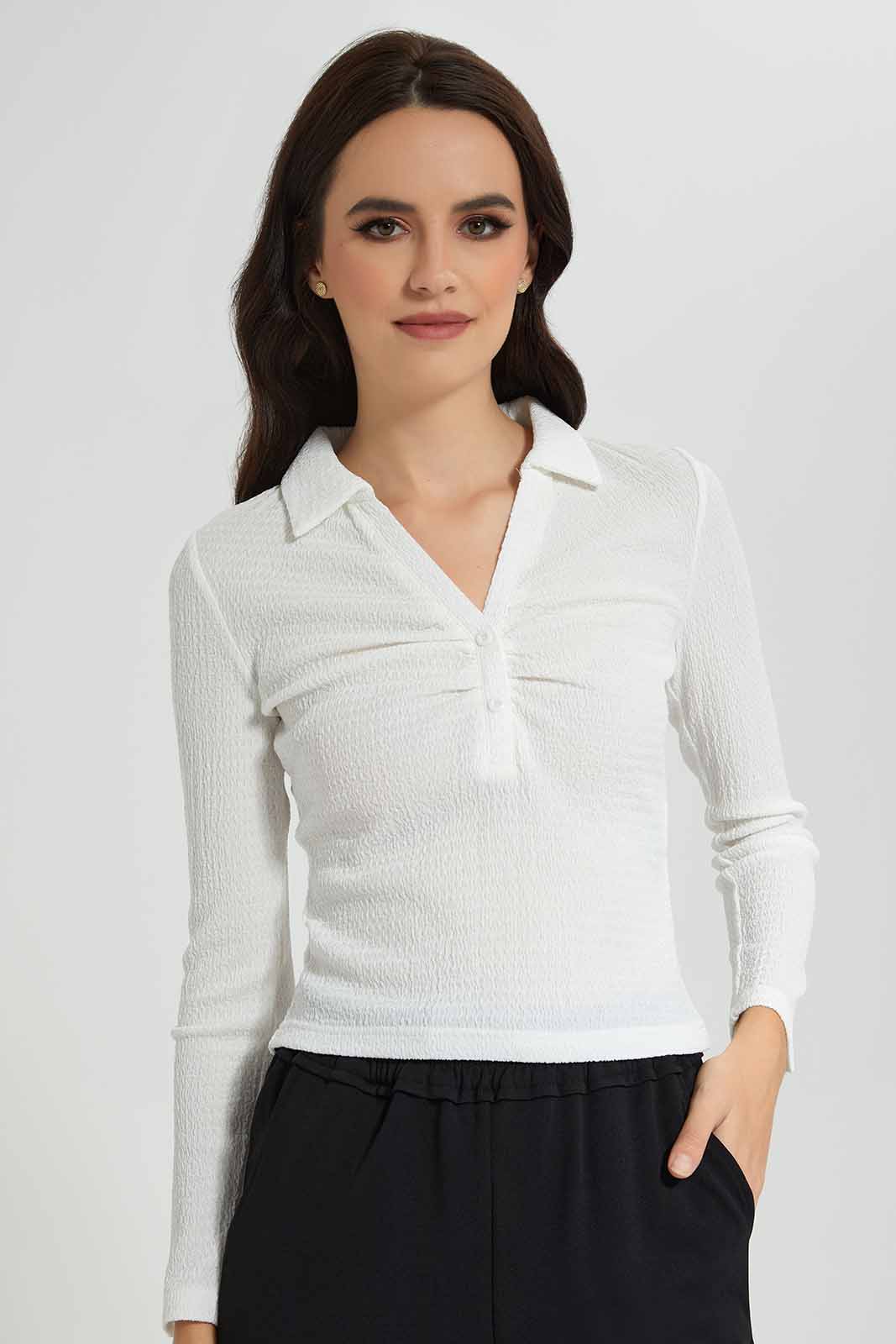 Redtag-White-Ruchee-Collared-Shirt-Category:Tops,-Colour:White,-Deals:New-In,-FF,-Filter:Women's-Clothing,-New-In-Women-APL,-Non-Sale,-Section:Women,-W22O,-Women-Tops-Women's-