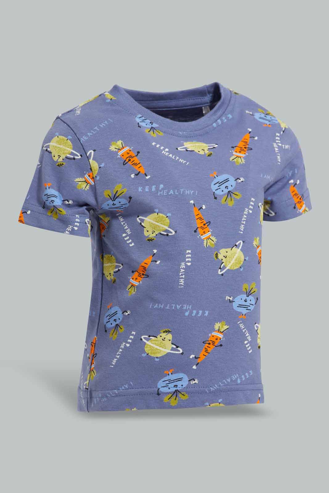 Redtag-Blue-Fruit-Aop-Short-Slv-Tshirt-Category:T-Shirts,-Colour:Ecru,-Deals:New-In,-Filter:Infant-Boys-(3-to-24-Mths),-INB-T-Shirts,-New-In-INB-APL,-Non-Sale,-Section:Boys-(0-to-14Yrs),-TBL,-W22A-Infant-Boys-3 to 24 Months