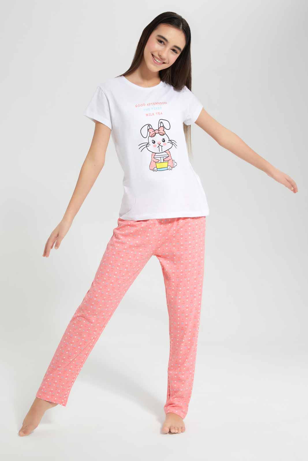 White And Pink Pyjama Set (2 Piece)
