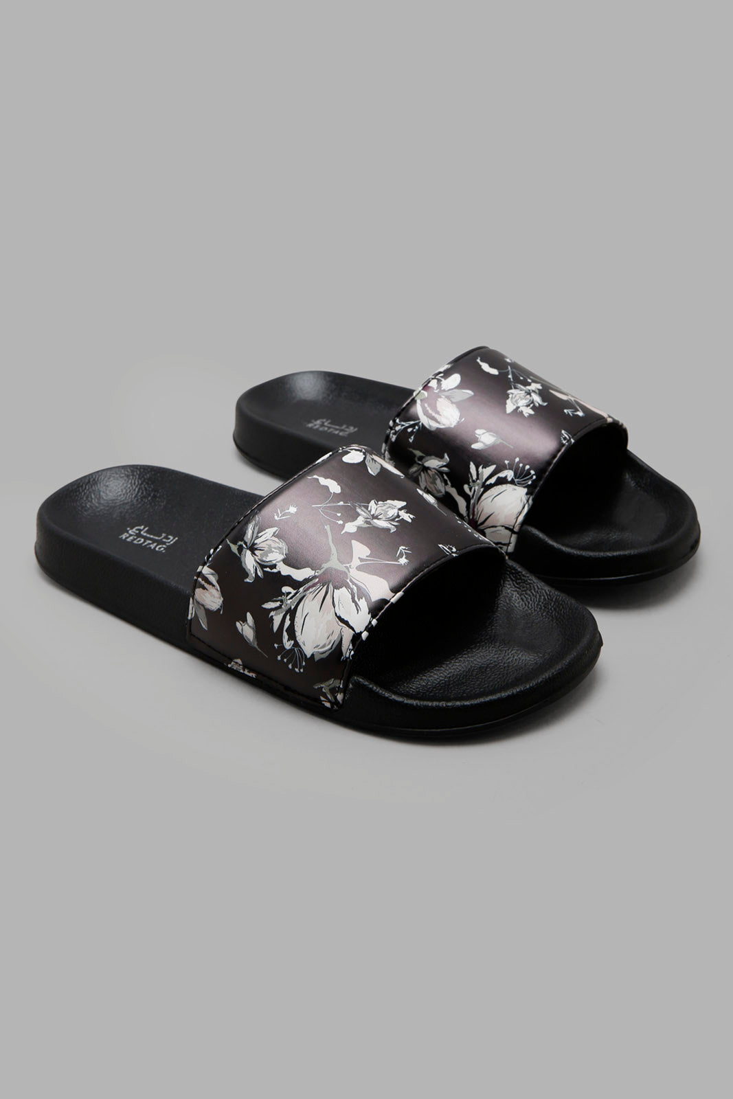 Redtag-Black-Floral-Print-Slide-Category:Flip-Flops,-Colour:Black,-Deals:New-In,-Filter:Women's-Footwear,-New-In-Women-FOO,-Non-Sale,-Section:Women,-W22A,-Women-Flip-Flops-Women's-