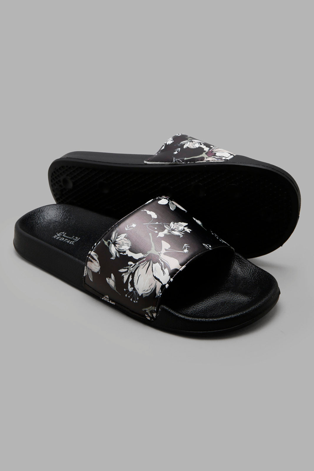 Redtag-Black-Floral-Print-Slide-Category:Flip-Flops,-Colour:Black,-Deals:New-In,-Filter:Women's-Footwear,-New-In-Women-FOO,-Non-Sale,-Section:Women,-W22A,-Women-Flip-Flops-Women's-