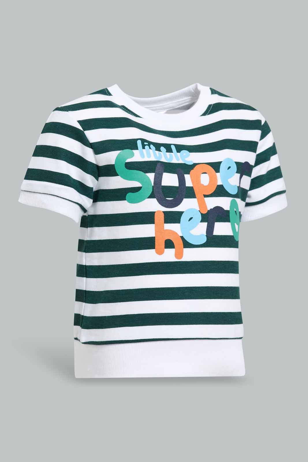 Redtag-Green-And-White-Striped-Short-Sleeve-Sweatshirts-Category:Sweatshirts,-Colour:Green,-Deals:New-In,-Filter:Infant-Boys-(3-to-24-Mths),-INB-Sweatshirts,-New-In-INB-APL,-Non-Sale,-Section:Boys-(0-to-14Yrs),-TBL,-W22A-Infant-Boys-3 to 24 Months