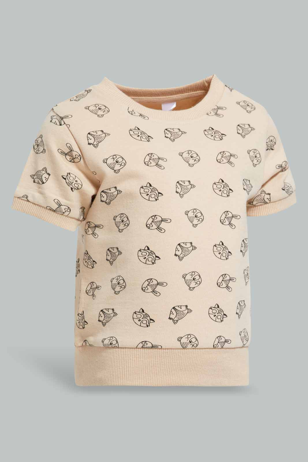 Redtag-Brown-Printed-Short-Sleeve-Sweatshirts-Category:Sweatshirts,-Colour:Brown,-Deals:New-In,-Filter:Infant-Boys-(3-to-24-Mths),-INB-Sweatshirts,-New-In-INB-APL,-Non-Sale,-Section:Boys-(0-to-14Yrs),-TBL,-W22A-Infant-Boys-3 to 24 Months
