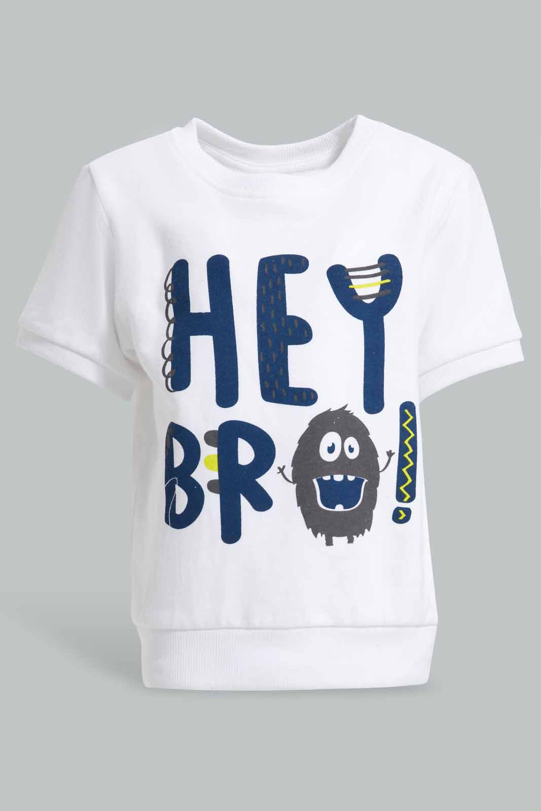 Redtag-White-Hey-Bro-Short-Sleeve-Sweatshirts-Bundle,-Category:Sweatshirts,-Colour:White,-Deals:4-For-90,-Deals:New-In,-Filter:Infant-Boys-(3-to-24-Mths),-INB-Sweatshirts,-New-In-INB-APL,-Section:Boys-(0-to-14Yrs),-TBL,-W22A-Infant-Boys-3 to 24 Months