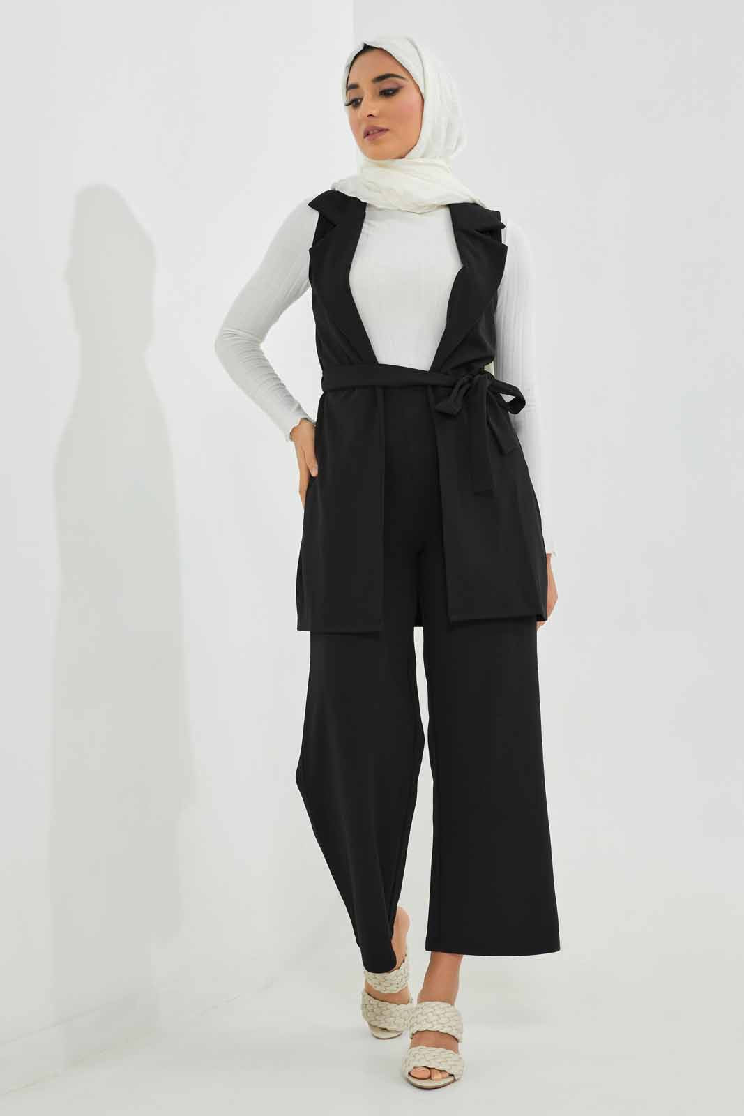 Redtag-Black-Sleeveless-Lapel-Color-Belted-Knitted-Jacket-Category:Jackets,-Colour:Black,-Deals:New-In,-Filter:Women's-Clothing,-LMC,-New-In-Women-APL,-Non-Sale,-Section:Women,-W22A,-Women-Jackets--