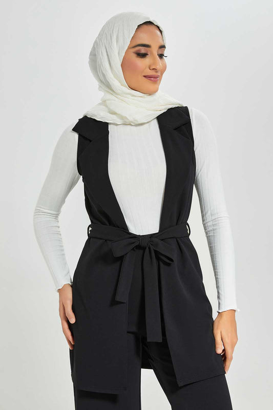 Redtag-Black-Sleeveless-Lapel-Color-Belted-Knitted-Jacket-Category:Jackets,-Colour:Black,-Deals:New-In,-Filter:Women's-Clothing,-LMC,-New-In-Women-APL,-Non-Sale,-Section:Women,-W22A,-Women-Jackets--