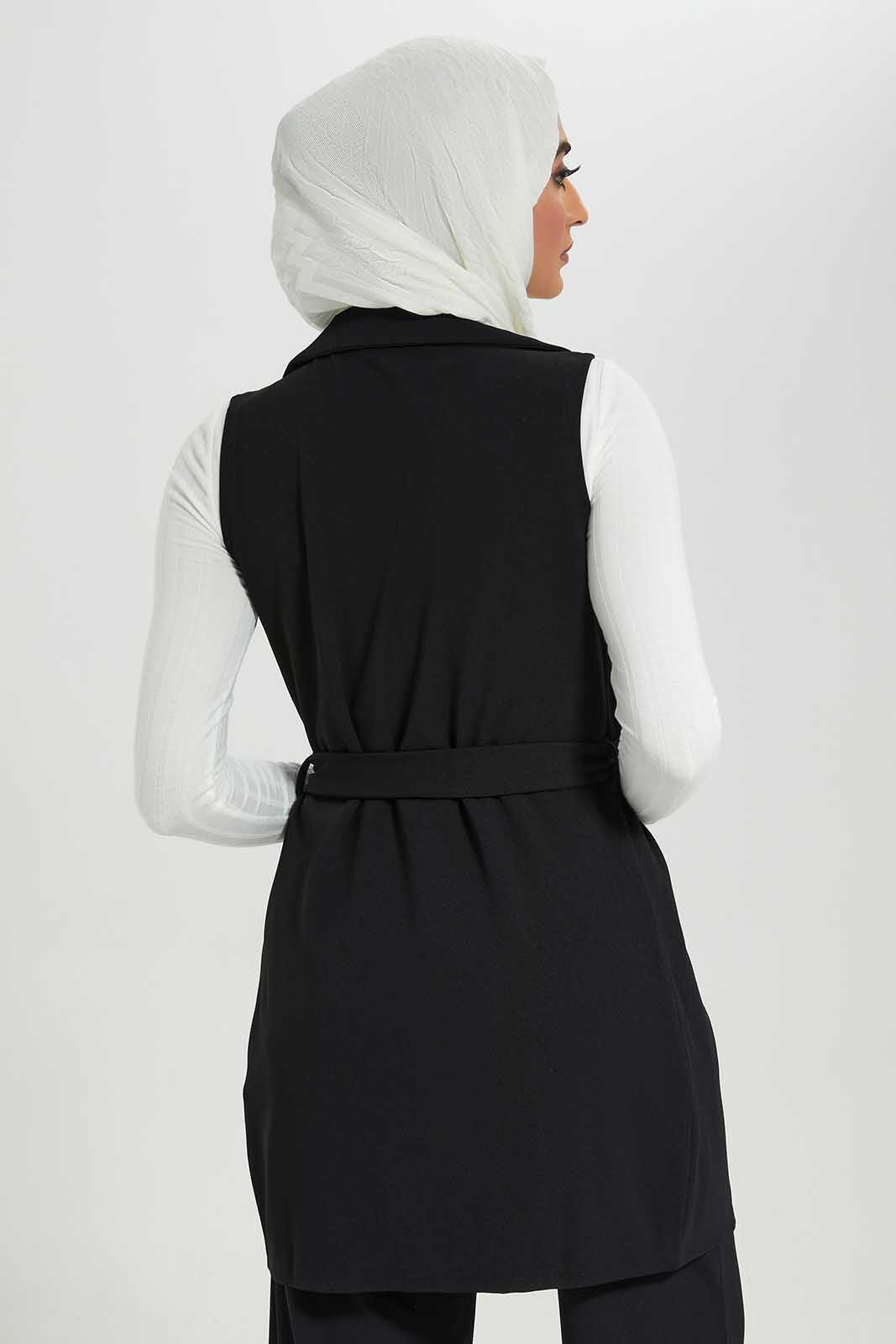 Redtag-Black-Sleeveless-Lapel-Color-Belted-Knitted-Jacket-Category:Jackets,-Colour:Black,-Deals:New-In,-Filter:Women's-Clothing,-LMC,-New-In-Women-APL,-Non-Sale,-Section:Women,-W22A,-Women-Jackets--