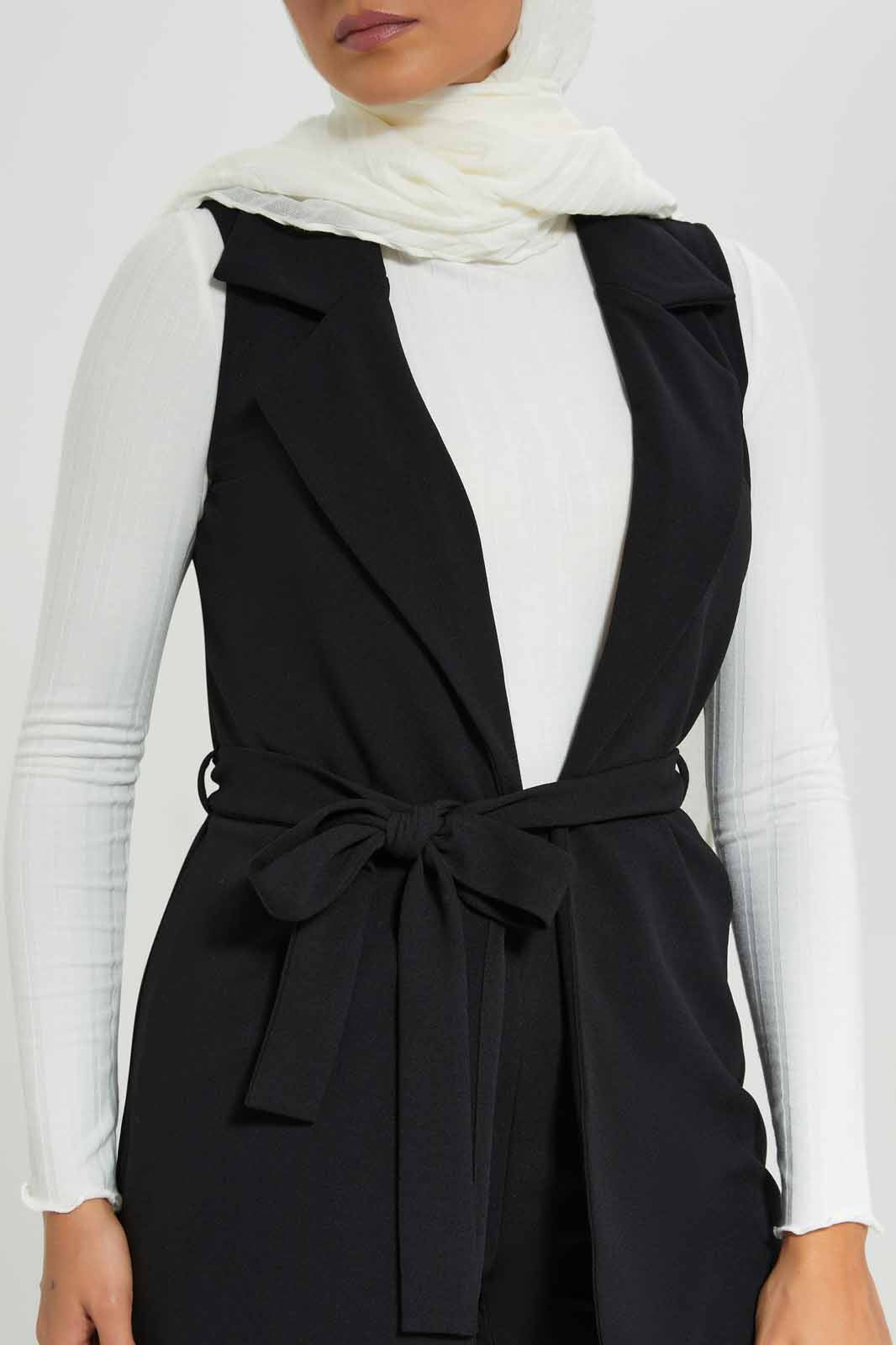 Redtag-Black-Sleeveless-Lapel-Color-Belted-Knitted-Jacket-Category:Jackets,-Colour:Black,-Deals:New-In,-Filter:Women's-Clothing,-LMC,-New-In-Women-APL,-Non-Sale,-Section:Women,-W22A,-Women-Jackets--