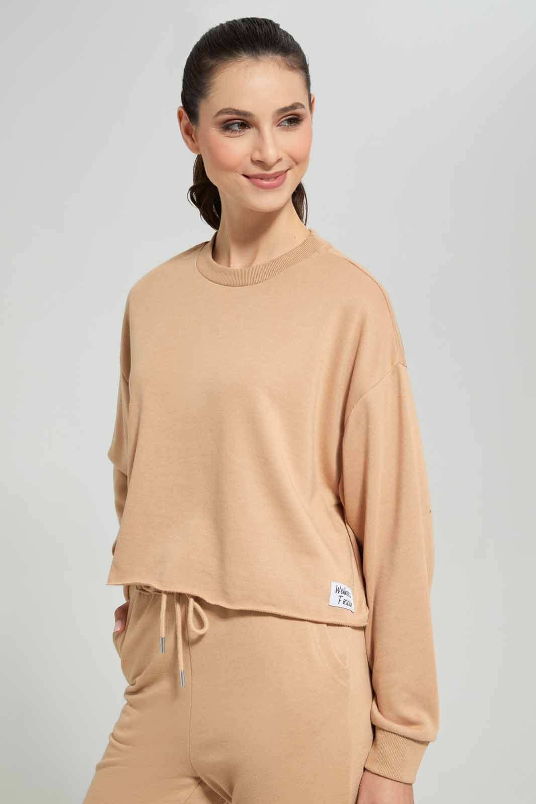 Redtag-Brown-Plain-Cropped-Sustainable-Sweatshirt-Category:Sweatshirts,-Colour:Brown,-Deals:New-In,-Filter:Women's-Clothing,-New-In-Women-APL,-Non-Sale,-Section:Women,-W22A,-Women-Sweatshirts-Women's-