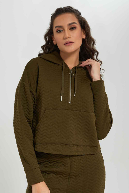 Women Olive Quilted Hooded Lounge Sweatshirt