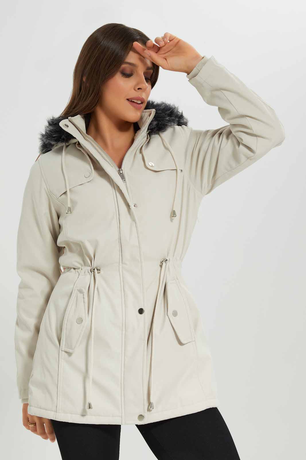 Redtag-Ivory-L/S-Hooded-Fur-Puffer-Padded-Jacket-Category:Jackets,-Colour:Ivory,-Deals:New-In,-EHW,-Filter:Women's-Clothing,-New-In-Women-APL,-Non-Sale,-Section:Women,-W22B,-Women-Jackets-Women's-
