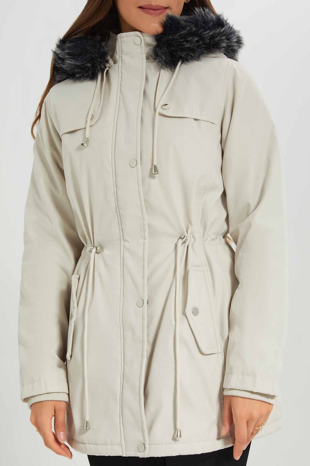 Redtag-Ivory-L/S-Hooded-Fur-Puffer-Padded-Jacket-Category:Jackets,-Colour:Ivory,-Deals:New-In,-EHW,-Filter:Women's-Clothing,-New-In-Women-APL,-Non-Sale,-Section:Women,-W22B,-Women-Jackets-Women's-