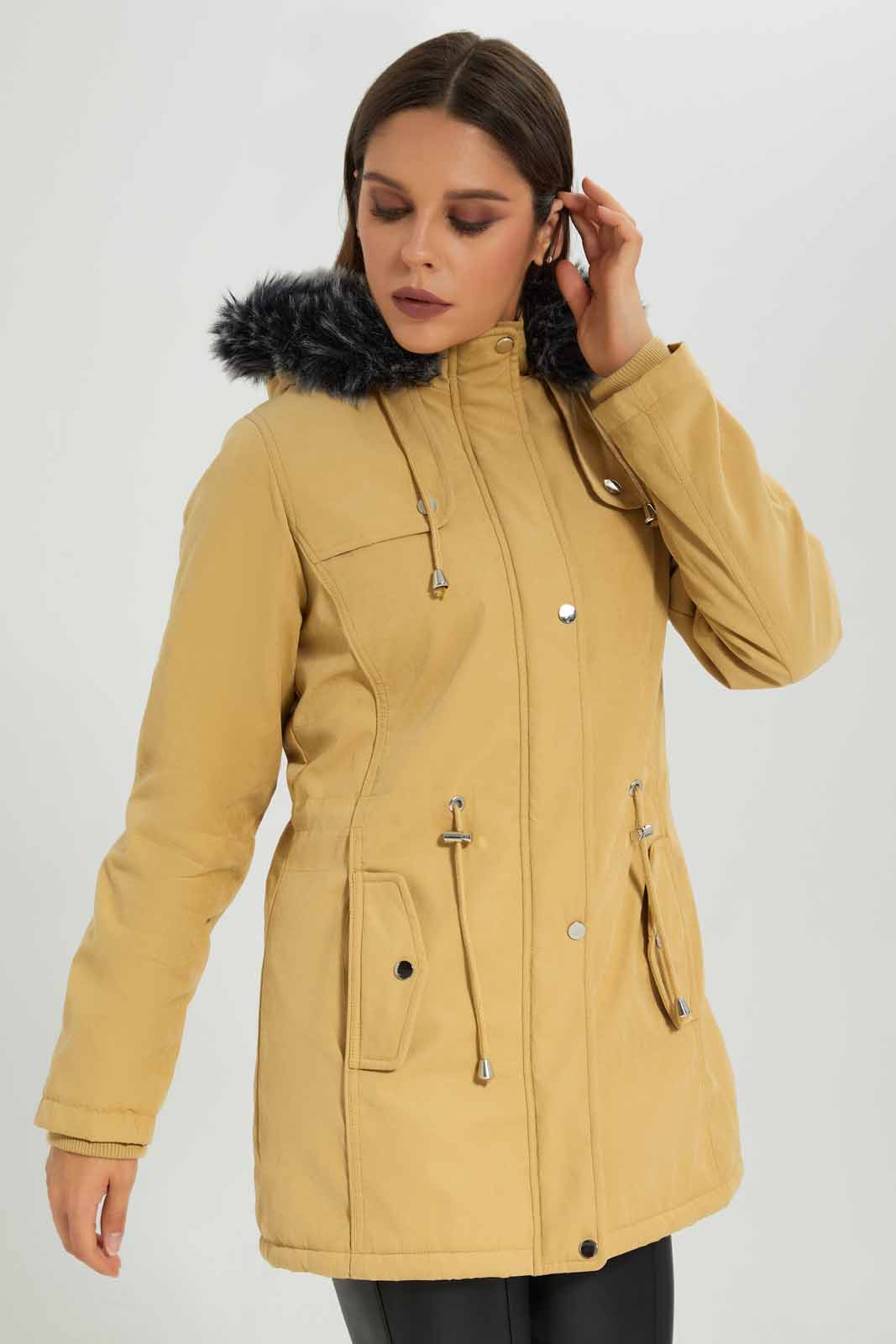 Redtag-Beige-L/S-Hooded-Fur-Puffer-Padded-Jacket-Category:Jackets,-Colour:Beige,-Deals:New-In,-EHW,-Filter:Women's-Clothing,-New-In-Women-APL,-Non-Sale,-Section:Women,-W22B,-Women-Jackets-Women's-