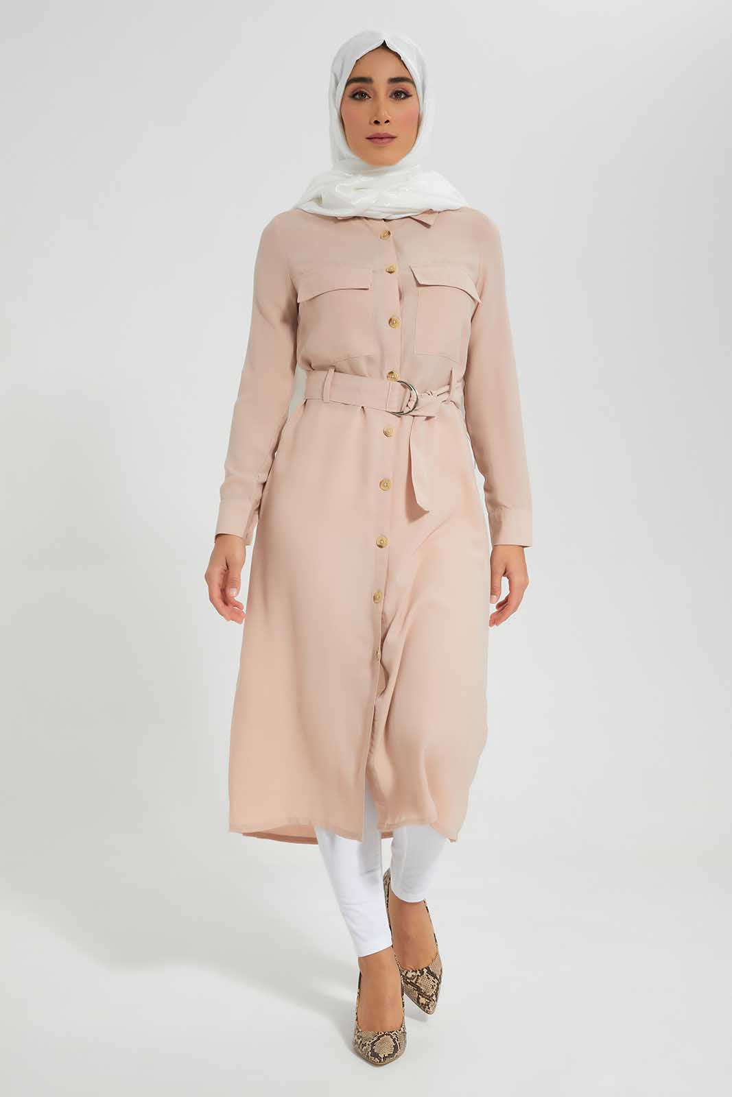 Redtag-Pink-Belted-Collared-Shirt-Dress-Category:Dresses,-Colour:Apricot,-Deals:New-In,-Filter:Women's-Clothing,-LMC,-New-In-Women-APL,-Non-Sale,-Section:Women,-W22O,-Women-Dresses--