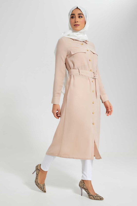 Redtag-Pink-Belted-Collared-Shirt-Dress-Category:Dresses,-Colour:Apricot,-Deals:New-In,-Filter:Women's-Clothing,-LMC,-New-In-Women-APL,-Non-Sale,-Section:Women,-W22O,-Women-Dresses--