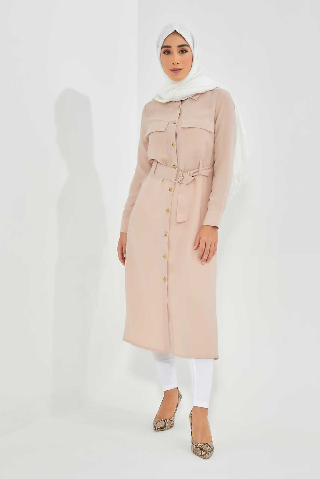 Redtag-Pink-Belted-Collared-Shirt-Dress-Category:Dresses,-Colour:Apricot,-Deals:New-In,-Filter:Women's-Clothing,-LMC,-New-In-Women-APL,-Non-Sale,-Section:Women,-W22O,-Women-Dresses--