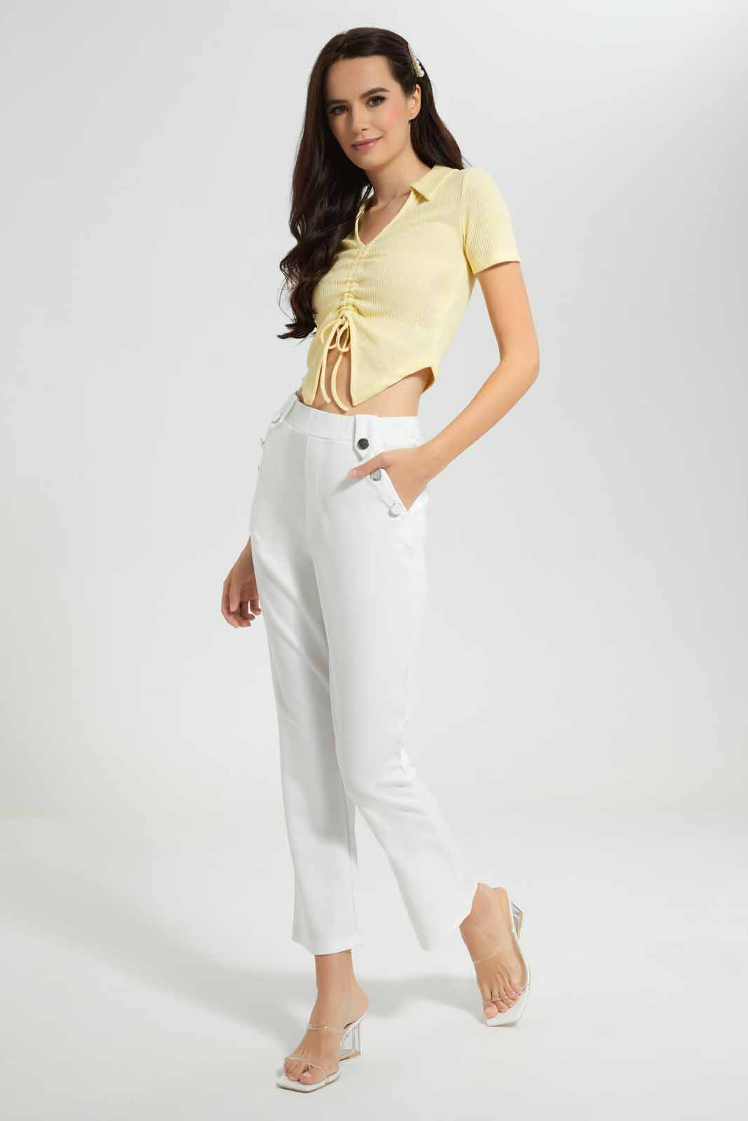 Redtag-Yellow-Front-String-Ruching-Collared-Knit-Top-Category:Tops,-Colour:Yellow,-Deals:New-In,-FF,-Filter:Women's-Clothing,-New-In-Women-APL,-Non-Sale,-Section:Women,-W22O,-Women-Tops-Women's-