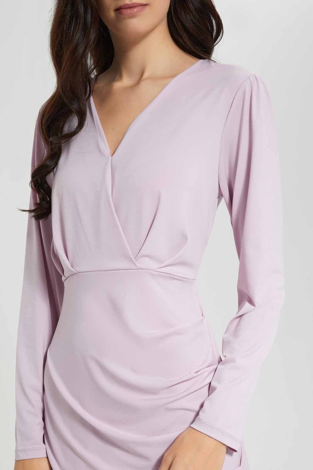 Redtag-Pink-Wrap-Over-Front-Dress-Ruching-Detail-Knit-Dress-Category:Dresses,-Colour:Lavender,-Deals:New-In,-FF,-Filter:Women's-Clothing,-New-In-Women-APL,-Non-Sale,-Section:Women,-W22O,-Women-Dresses-Women's-