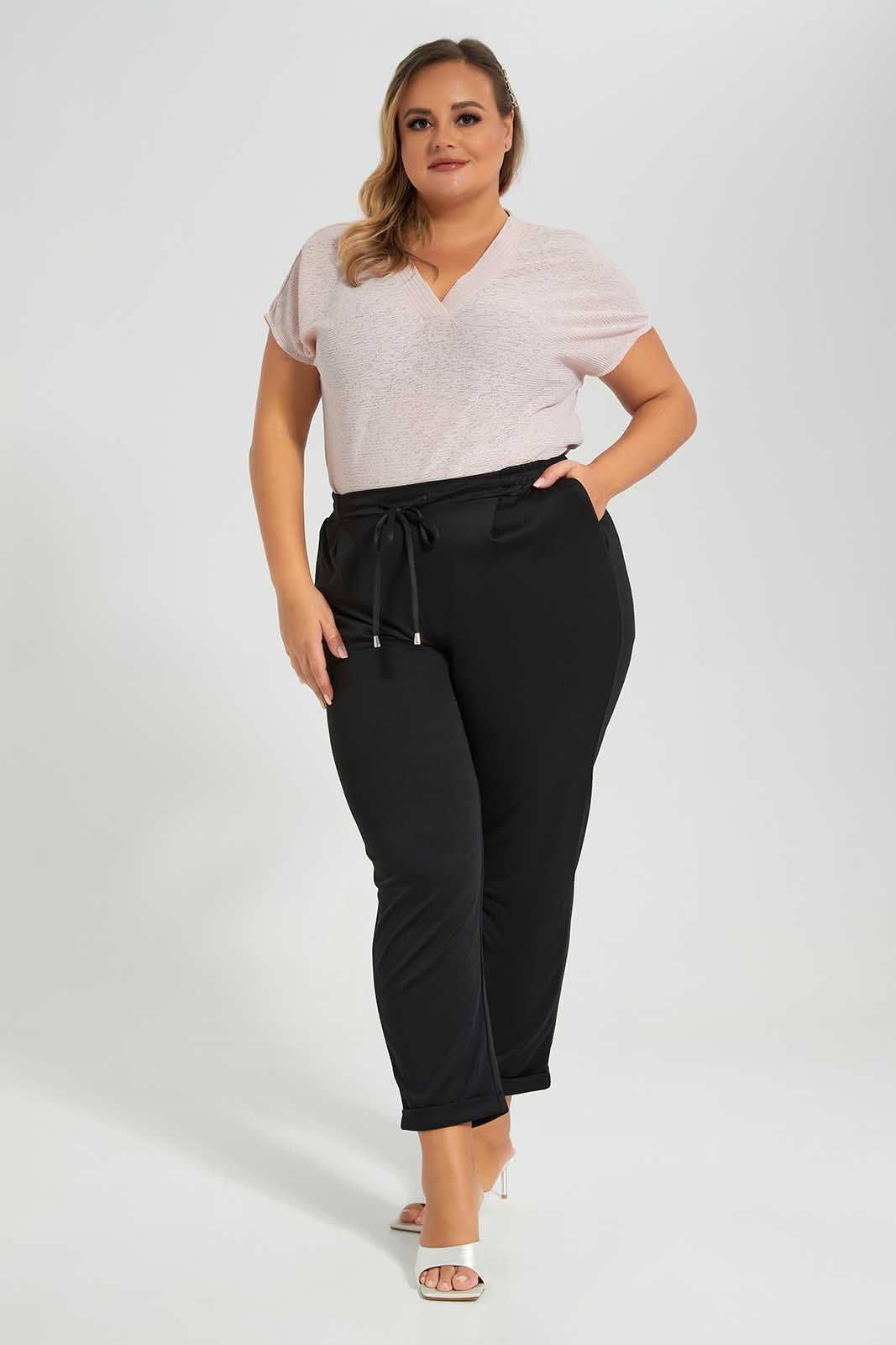 Redtag-Pink-Top-V-Neck-Category:Blouses,-Colour:Apricot,-Deals:New-In,-Filter:Plus-Size,-LDP-Blouses,-New-In-LDP-APL,-Non-Sale,-Section:Women,-W22O-Women's-