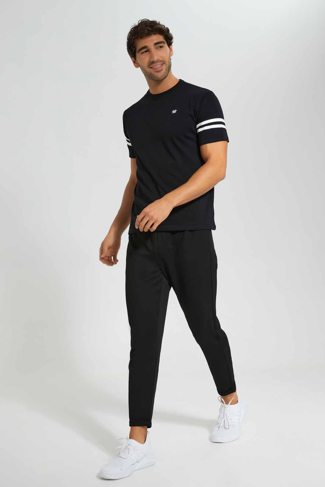 Redtag-Black-T-Shirt-With-Sleeve-Stripes-Category:T-Shirts,-Colour:Black,-Deals:New-In,-Filter:Men's-Clothing,-Men-T-Shirts,-New-In-Men-APL,-Non-Sale,-Section:Men,-TBL,-W22O-Men's-