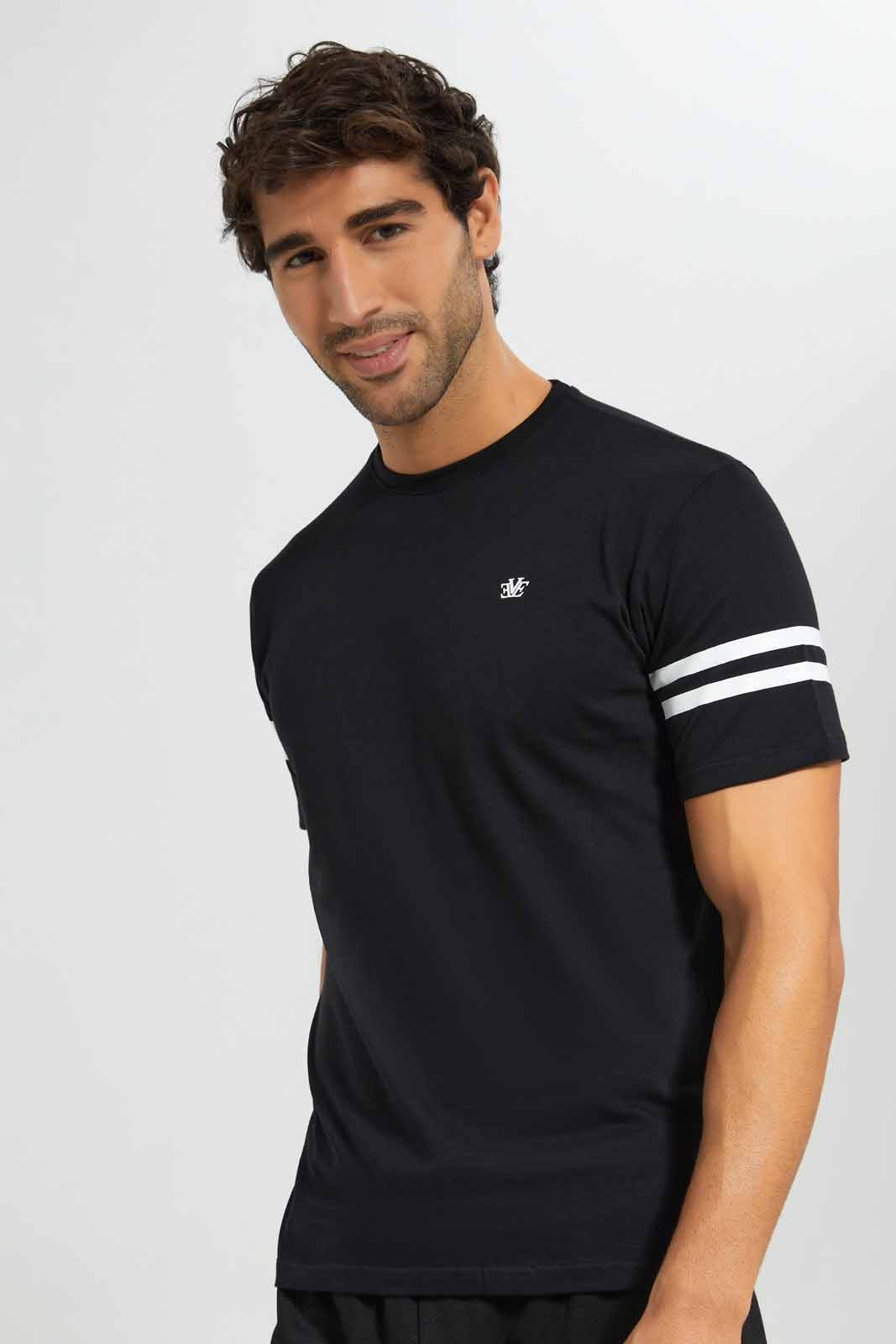 Redtag-Black-T-Shirt-With-Sleeve-Stripes-Category:T-Shirts,-Colour:Black,-Deals:New-In,-Filter:Men's-Clothing,-Men-T-Shirts,-New-In-Men-APL,-Non-Sale,-Section:Men,-TBL,-W22O-Men's-