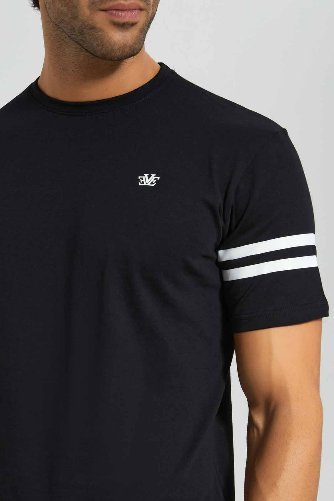 Redtag-Black-T-Shirt-With-Sleeve-Stripes-Category:T-Shirts,-Colour:Black,-Deals:New-In,-Filter:Men's-Clothing,-Men-T-Shirts,-New-In-Men-APL,-Non-Sale,-Section:Men,-TBL,-W22O-Men's-