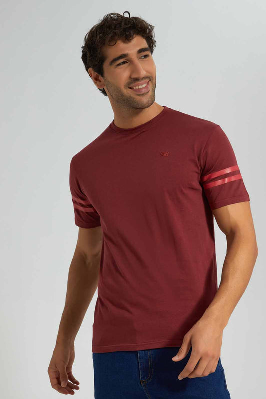 Redtag-Brown-T-Shirt-With-Sleeve-Stripes-Category:T-Shirts,-Colour:Brown,-Deals:New-In,-Filter:Men's-Clothing,-Men-T-Shirts,-New-In-Men-APL,-Non-Sale,-Section:Men,-TBL,-W22O-Men's-