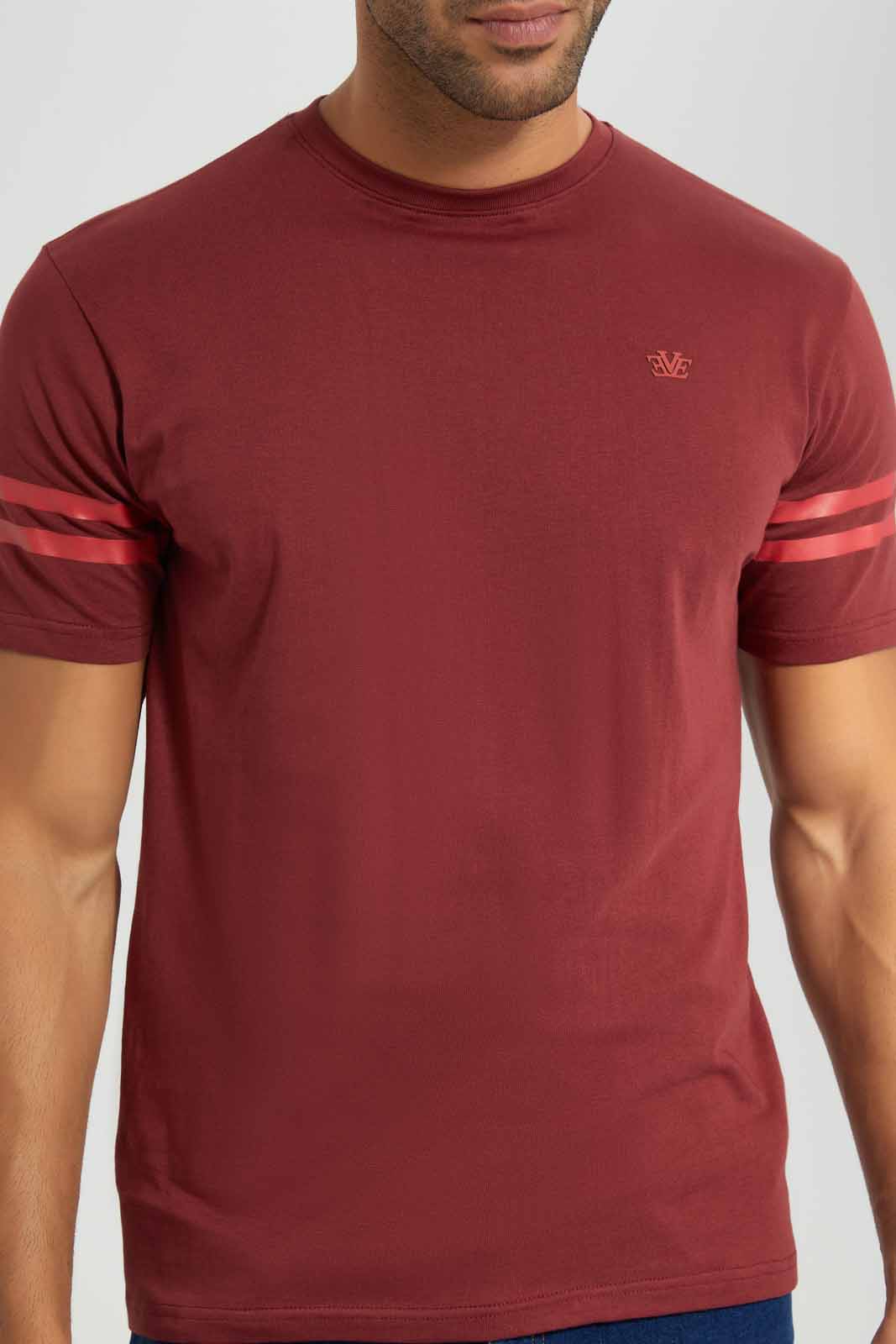 Redtag-Brown-T-Shirt-With-Sleeve-Stripes-Category:T-Shirts,-Colour:Brown,-Deals:New-In,-Filter:Men's-Clothing,-Men-T-Shirts,-New-In-Men-APL,-Non-Sale,-Section:Men,-TBL,-W22O-Men's-