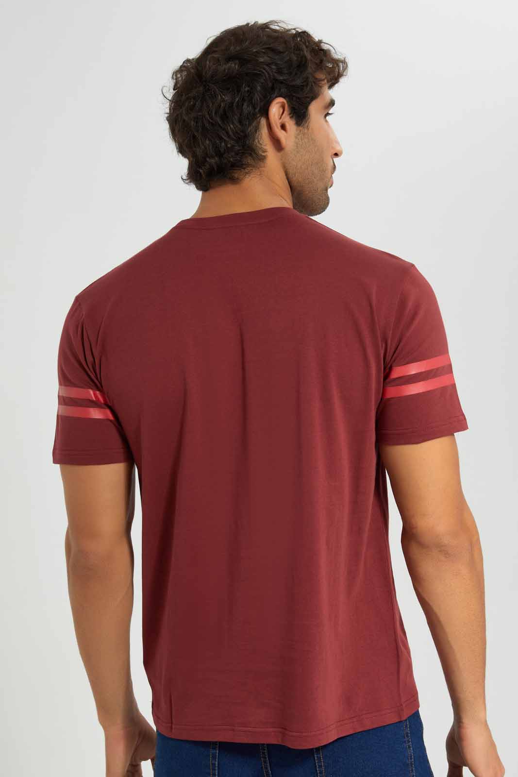 Redtag-Brown-T-Shirt-With-Sleeve-Stripes-Category:T-Shirts,-Colour:Brown,-Deals:New-In,-Filter:Men's-Clothing,-Men-T-Shirts,-New-In-Men-APL,-Non-Sale,-Section:Men,-TBL,-W22O-Men's-