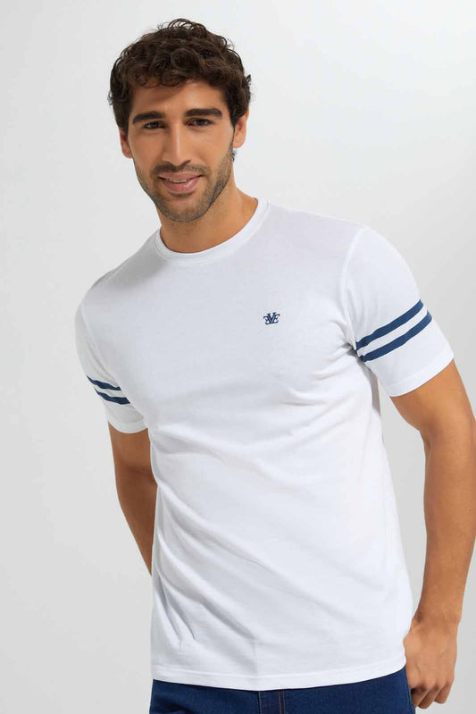 Redtag-White-T-Shirt-With-Sleeve-Stripes-Category:T-Shirts,-Colour:White,-Deals:New-In,-Filter:Men's-Clothing,-Men-T-Shirts,-New-In-Men-APL,-Non-Sale,-Section:Men,-TBL,-W22O-Men's-