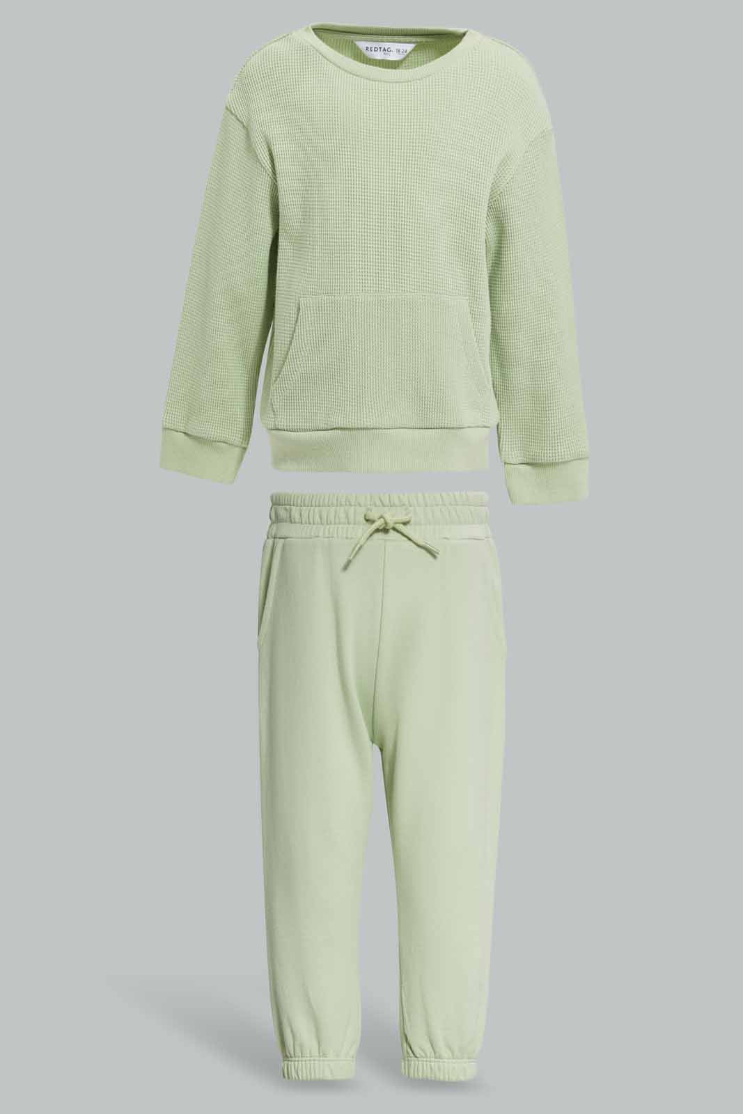 Redtag-Green-Waffle-Crew-Top-And-Bottom-Terry-Jog-Set-Category:Jog-Sets,-Colour:Green,-Deals:New-In,-Filter:Infant-Boys-(3-to-24-Mths),-INB-Jog-Sets,-New-In-INB-APL,-Non-Sale,-Section:Boys-(0-to-14Yrs),-W22A-Infant-Boys-3 to 24 Months