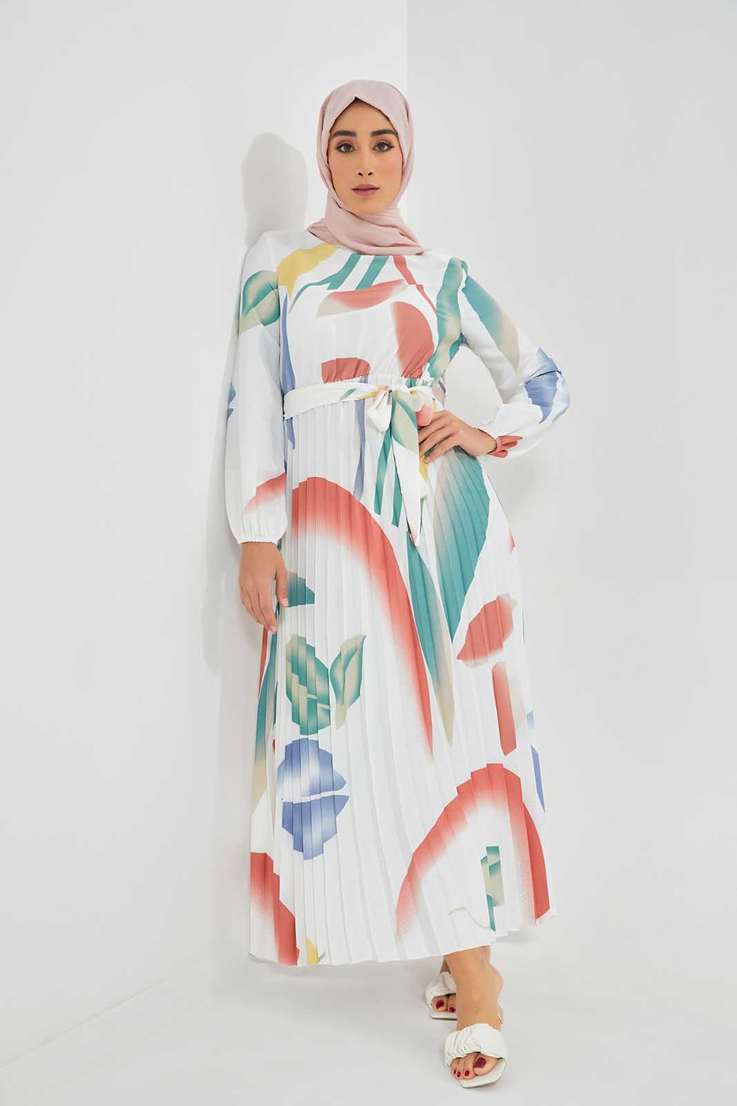 Multicolour Marble Printed Pleated Dress