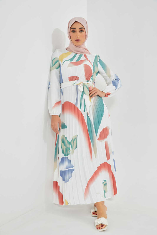 Multicolour Marble Printed Pleated Dress